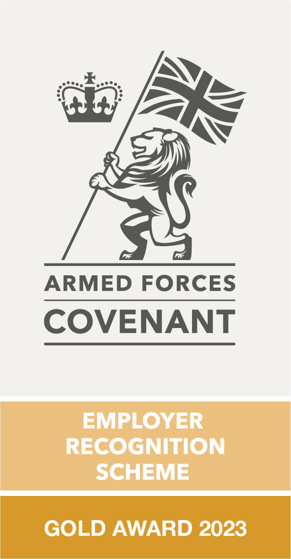 armed forces covenant logo with lion holding Union jack flag.