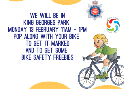 boy riding a bike with a helmet and text saying we will be in king george's park on monday 13 february to get your bike marked
