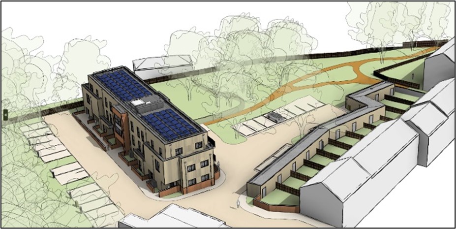 Digital drawing of proposed highwood close with buildings and trees.