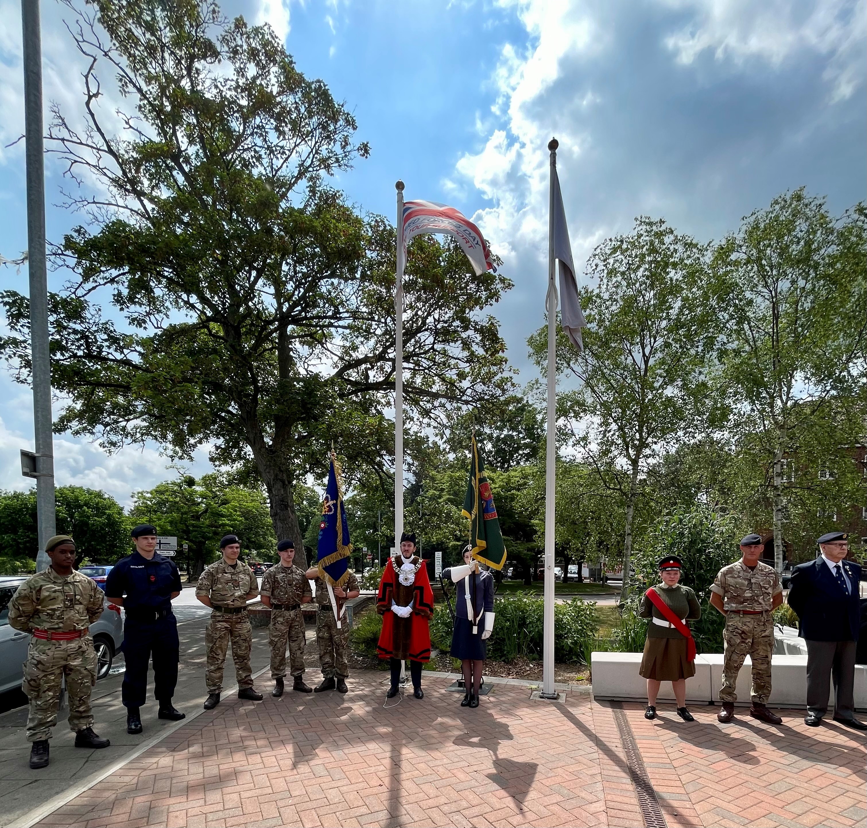 Brentwood CCF cadets, Shenfield CCF cadets with the Mayor of Brentwood, Councillor Gareth Barrett and Major Paul Herlihy of 124 Transport Squadron and Dennis Rensch from the Royal British Legion at the Armed Forces Day flag raising ceremony outside Brentwood Town Hall.