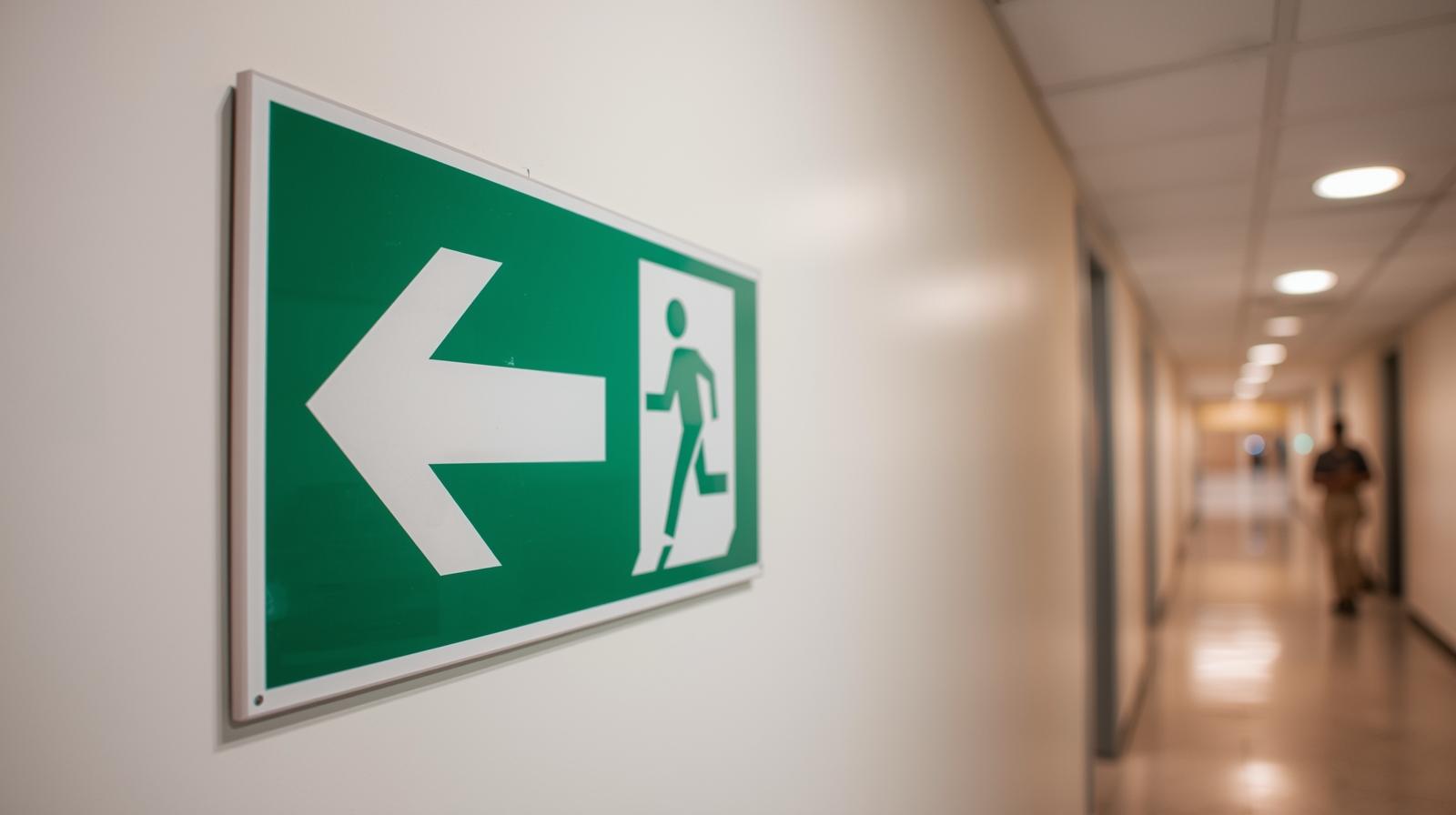 Green exit sign with arrow in a hallway.