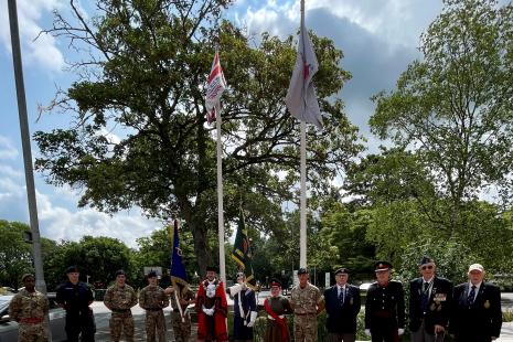 Brentwood CCF cadets and Shenfield CCF cadets with the Mayor of Brentwood, Councillor Gareth Barrett and Major Paul Herlihy of 124 Transport Squadron; Dennis Rensch from the Royal British Legion; Deputy Lieutenant of Essex, Graham Clegg; Bill Marshall and Peter Hyam from Royal British Legion at the Armed Forces Day flag raising ceremony outside Brentwood Town Hall