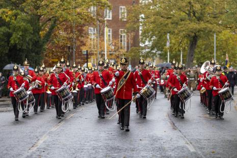 The Brentwood Imperial Youth Band leading the Remembrance Day Parade outside Brentwood Town Hall in 2023