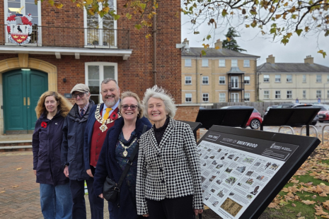 From left to right: Margaret Hamilton of Brentwood Museum, John Fryer - Local Historian, Mayor of Brentwood - Councillor Jay Laplain, Mayoress Vanessa Laplain and writer Sylvia Kent standing in front of the lecterns