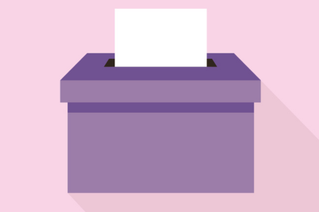 purple ballot box with a blank voting slip on a pink background, all drawn